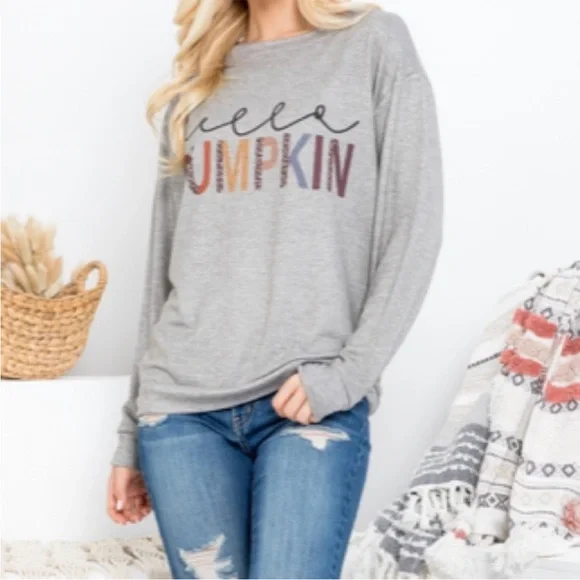 HELLO PUMPKIN Grey Long Sleeve Pullover/Top - Picture 5 of 6